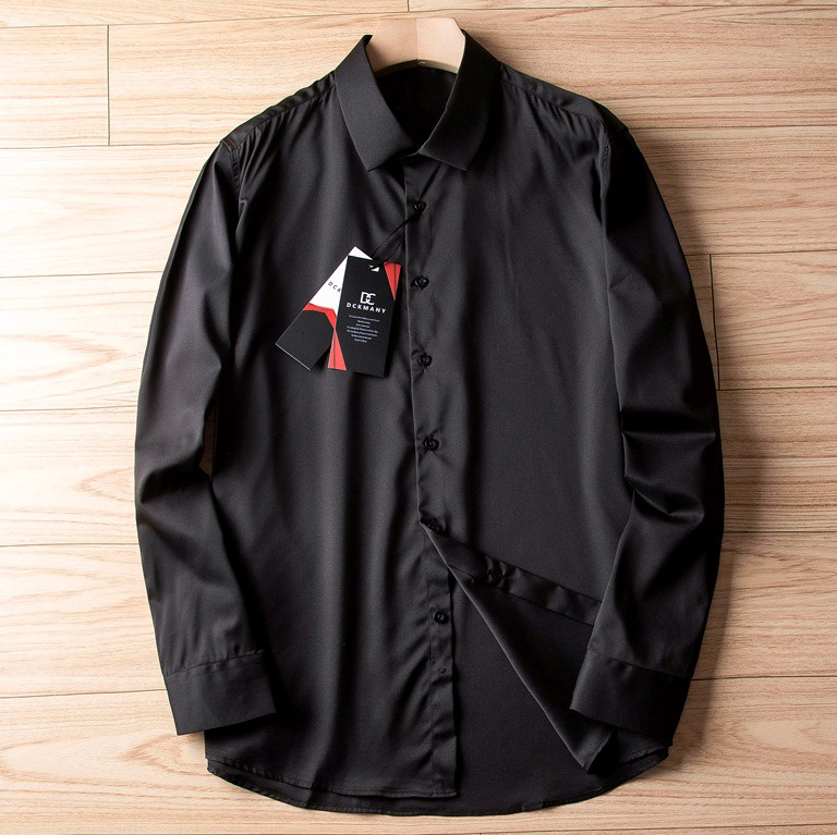 T1823-L/ブラック 新品 DCKMANY シルク混 長袖シャツ メンズ 形態安定 ドレスシャツ ワイシャツ スリムフィット 春夏 ビジネス シャツ拍卖