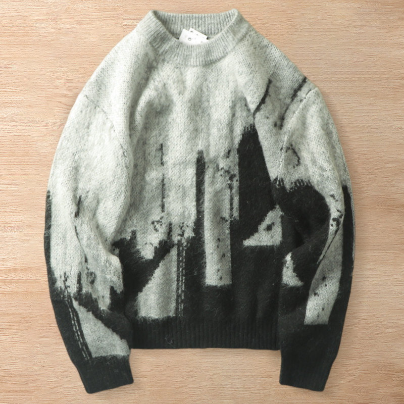 Y6367-L グレー 新品 ウール混 モヘア プルオーバーニット クルーネック 柔らか 暖かさ 着心地良い 秋冬 セーター メンズ トップス拍卖