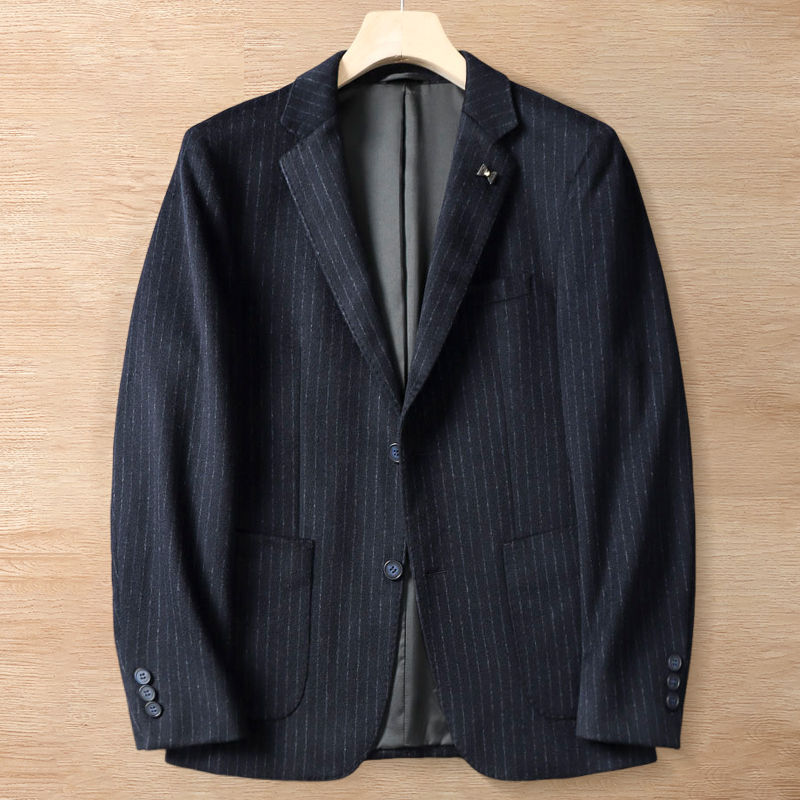 Y6441-XL ネイビー 新品 テーラードジャケット ウール カシミヤ 贅沢 暖かさ 秋冬 厚手 高品質 ストライプ メンズ ビジネス トップス拍卖