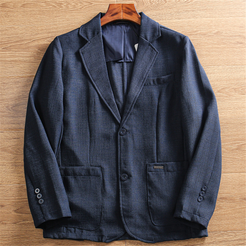 W0445-XL 濃紺 新品 リネン 綿 麻 アンコン ブレザー ゴルフ 背広 テーラードジャケット メンズ 薄手 春秋 紳士 カジュアル ジャケット拍卖
