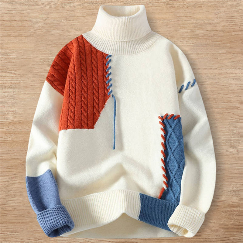 Y6486-M オレンジ 新品 セーター カシミヤ ウール混 タートルネック バイカラー切り替え ふんわり 柔らか 暖かさ 秋冬 メンズ トップス拍卖