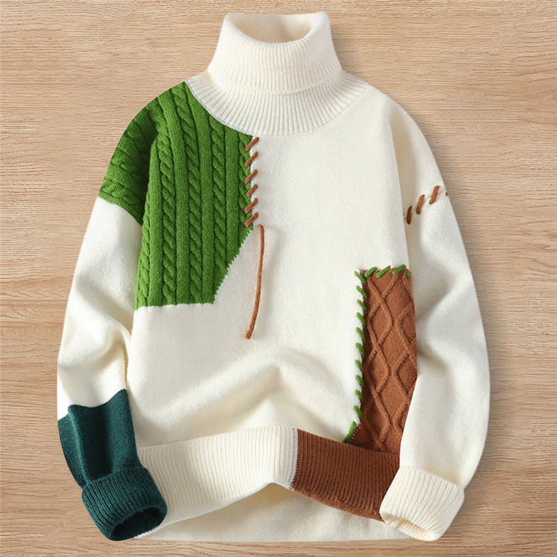 Y6488-2XL グリーン 新品 セーター カシミヤ ウール混 タートルネック バイカラー切り替え ふんわり 柔らか 暖かさ 秋冬 メンズ トップス拍卖