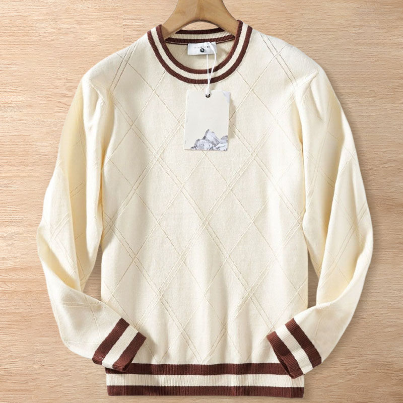 Y6515-3XL ベージュ 新品DCKMANY セーター ニット ジャカード ウール混 バイカラーデザイン ふんわり 暖かい 防寒 秋冬 メンズ トップス拍卖