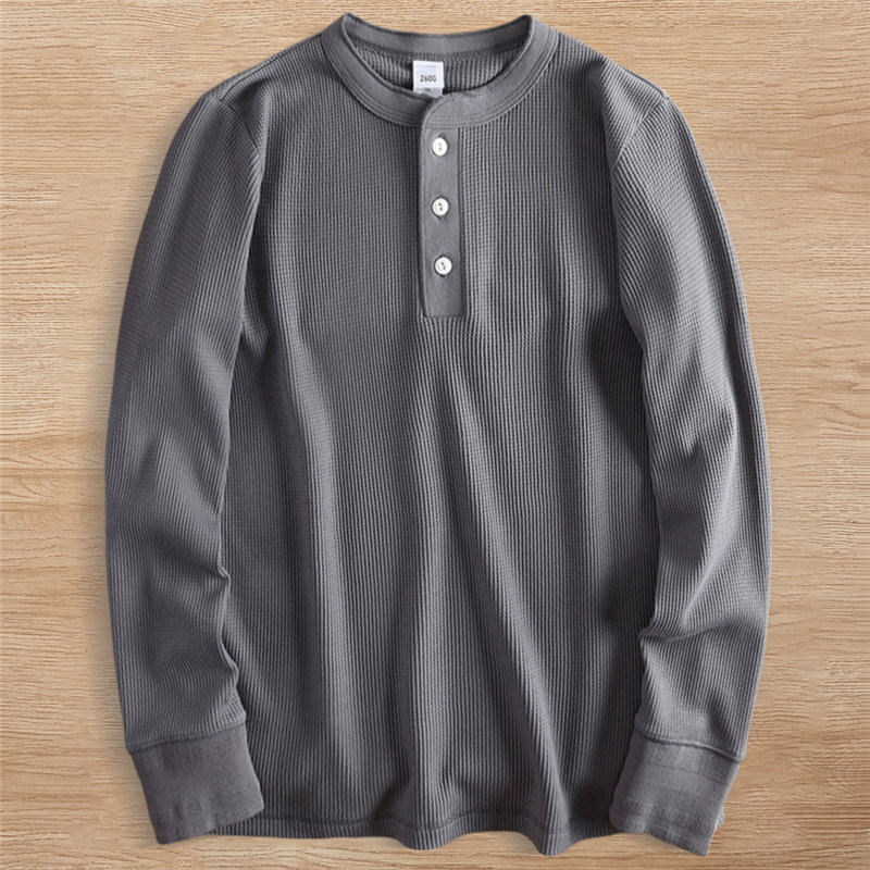 Y6305-2XL グレー 新品 ヘンリーネック Tシャツ 肌に優しい ワッフル 長袖 通気 ウォッシュ加工 サマー 秋 カジュアル トップス 高品質拍卖