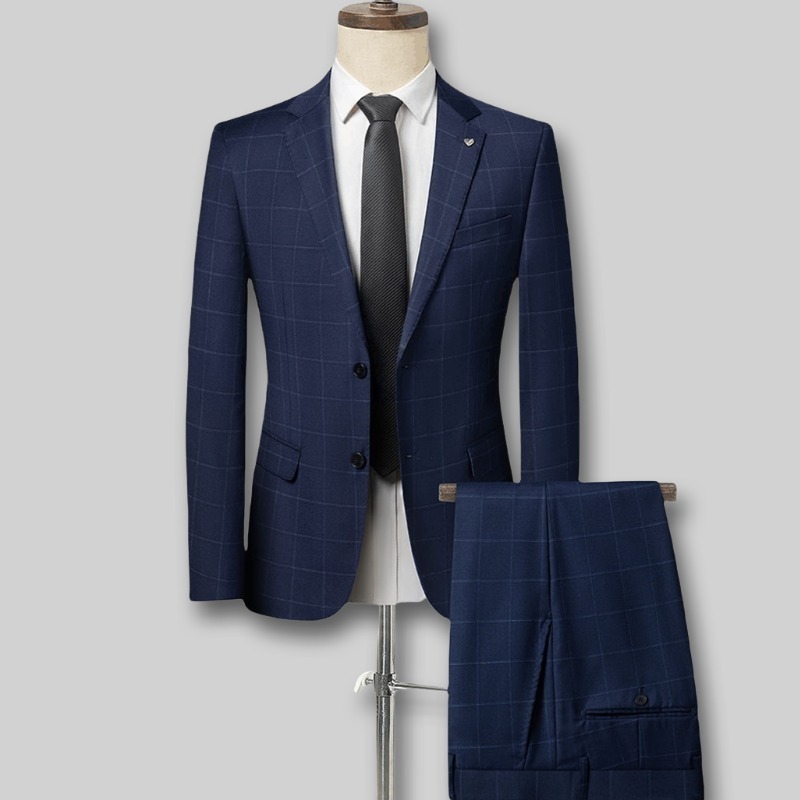 Y6542-3XL ネイビー 新品 ウール48% セットアップスーツ 格子柄 ビジネススーツ ノーアイロン 上下セット フォーマル ビジネス スラックス拍卖