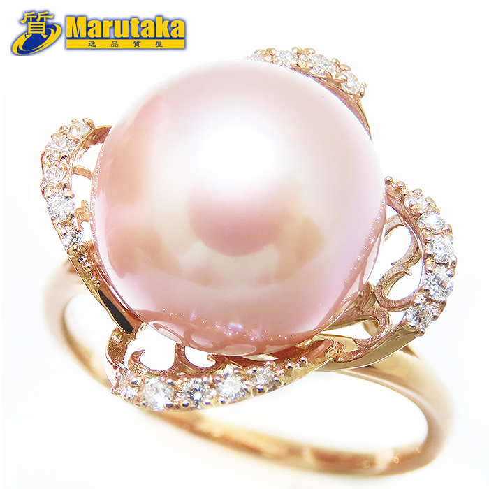 パール ダイヤモンド リング 17号 K18 PG 鑑別書 12mm 0.14ct 指輪 ピンクゴールド レディース 逸品質屋 丸高 尼崎市 6.3g拍卖