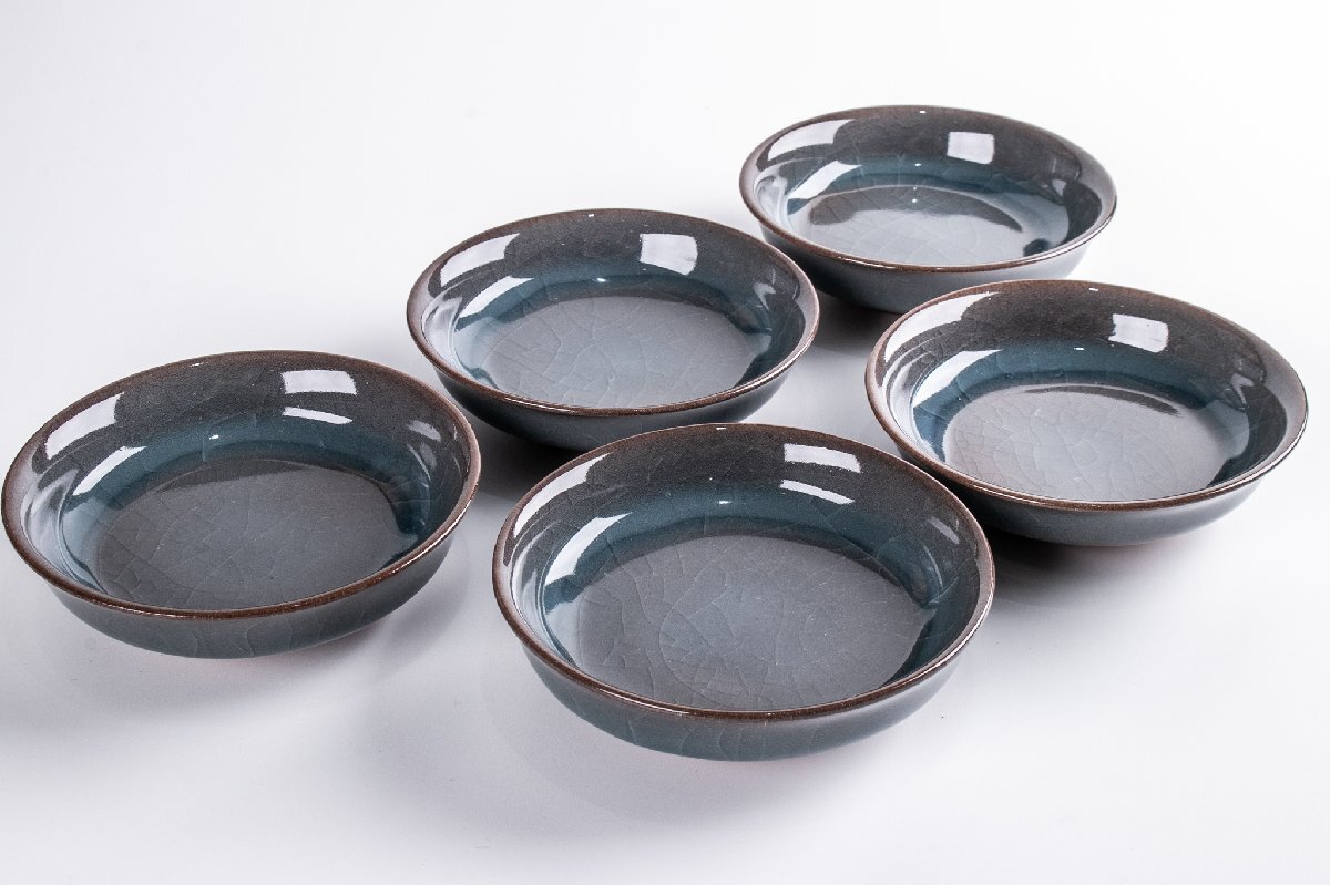 【うつわ】 人間国宝 中島宏 青瓷小鉢 五客 共箱 E2301 茶道具 古美術 骨董 古玩 日本料理 懐石拍卖