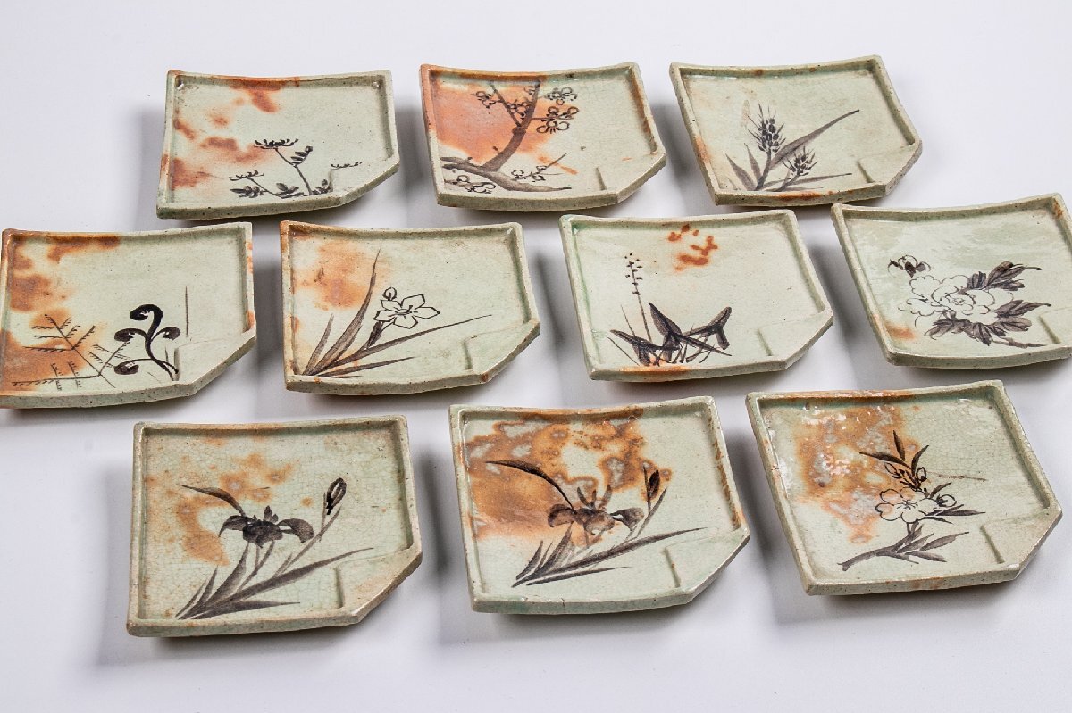 【うつわ】 吉向十三軒 絵替り色紙皿 小皿 菓子皿 10客 E1889 古美術 骨董 古玩 唐物 和食器 料亭 日本料理拍卖