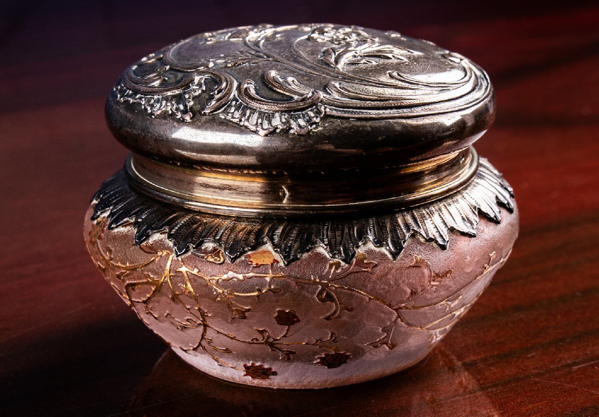 【アンティーク】 ドーム ナンシー Daum Nancy ドーム兄弟 ジブレ エッチング 花文銀蓋 ボンボニエール E375 クリスタルガラス拍卖