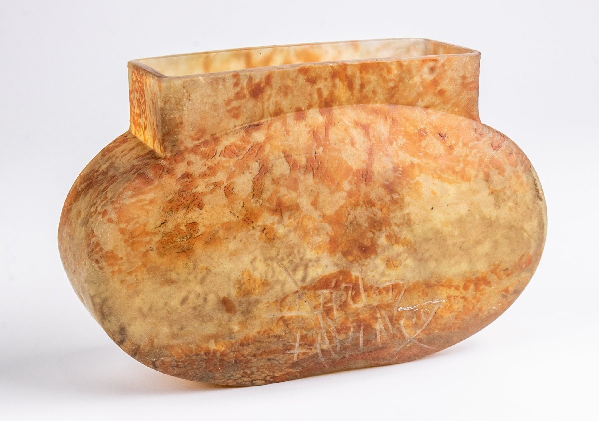 【アンティーク】 ドームナンシー フラワーベース ウランガラス 1910年頃 箱付 E2140 古美術 骨董 古玩 唐物 茶道具拍卖