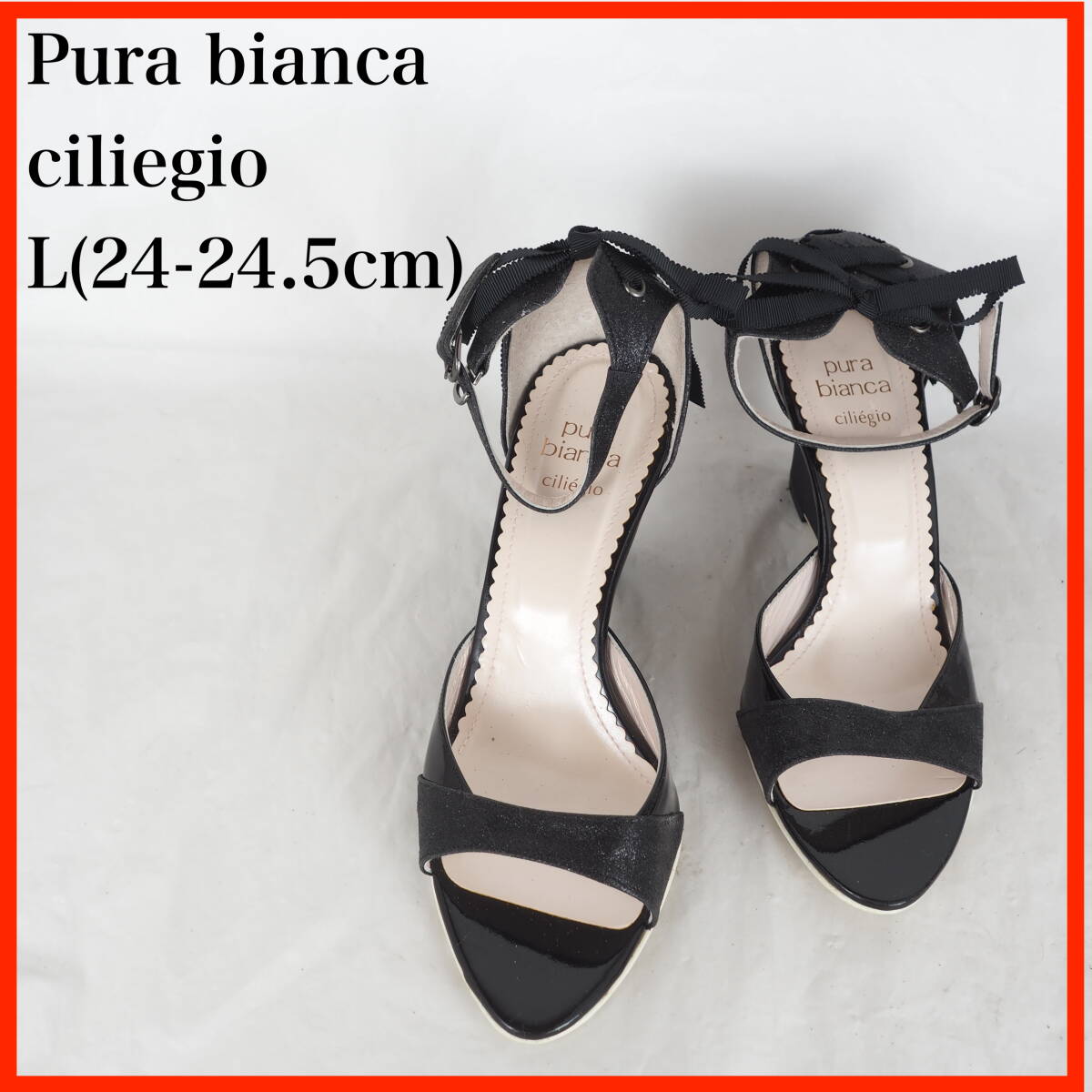 OK5375*美品*Pure bianca*プーラビアンカ*黒レディースサンダル*L(24-24.5cm)*黒ラメ拍卖