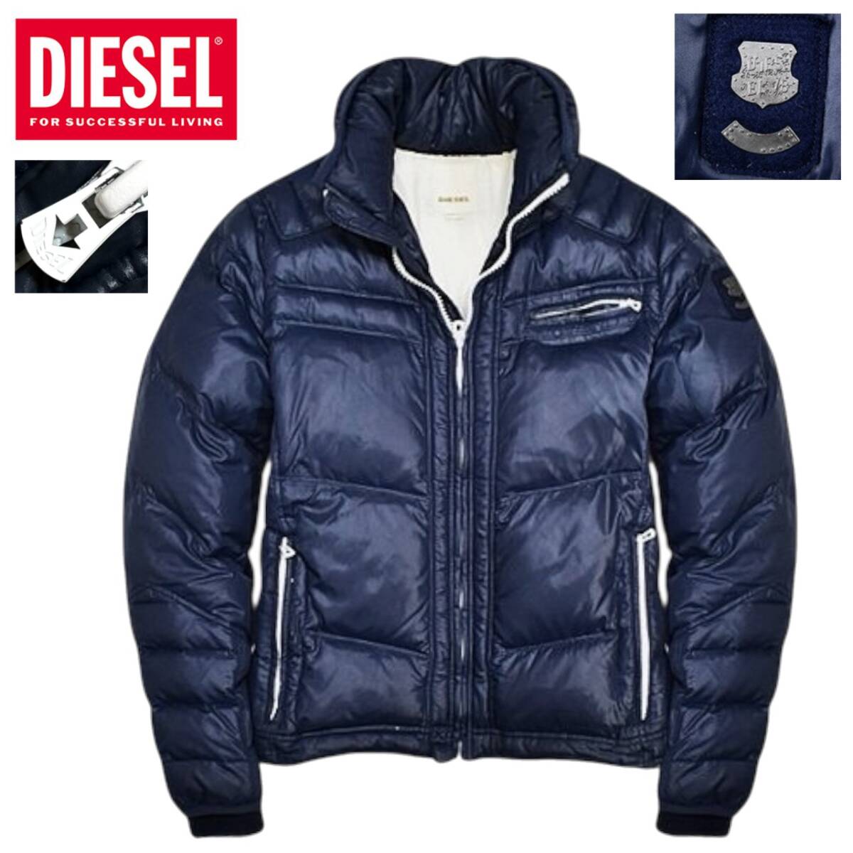 極美品 定価5.9万 極暖 DIESEL ディーゼル 袖ワッペン 襟内フード内蔵 2WAY 撥水 シャイニー バイカー ダウンジャケット L 紺白 ライダース拍卖