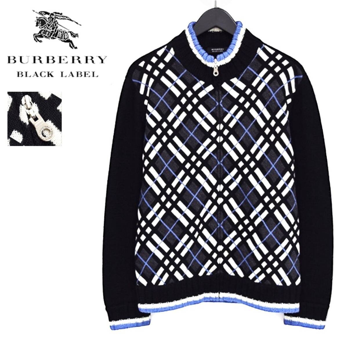 希少! 極美品 バーバリーブラックレーベル ノバチェック柄 羊毛 ドライバーズニット ZIP ジャケット 3/L 黒 ブルゾン BURBERRY BLACK LABEL拍卖