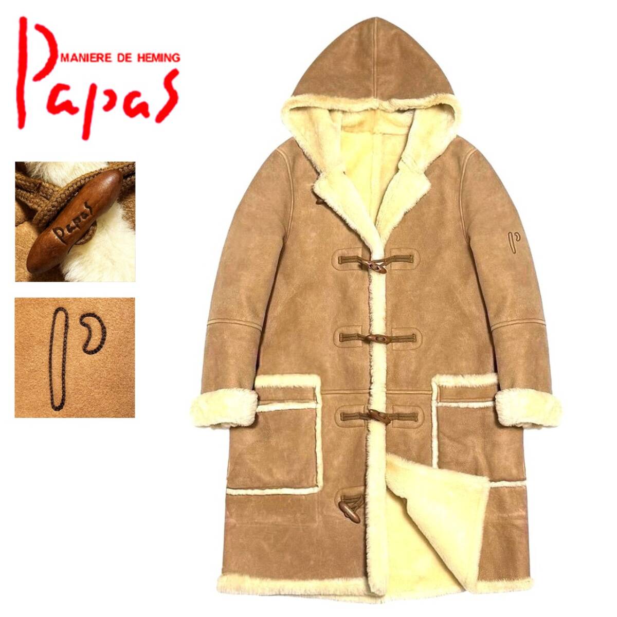 希少 贅の極! 極美品 定価50万 Papas パパス Pロゴ刺繍 最高級羊革 極上リアルムートン 総裏 ロング丈 ムートンダッフルコート 50/L 日本製拍卖