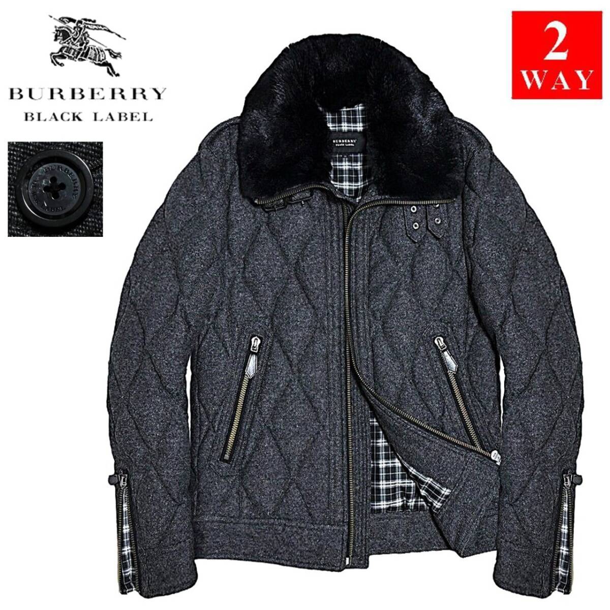 極美品 バーバリーブラックレーベル ノバチェック ラビットファー 2WAY ツイード ライダースダウンジャケット LL/XL BURBERRY BLACK LABEL拍卖