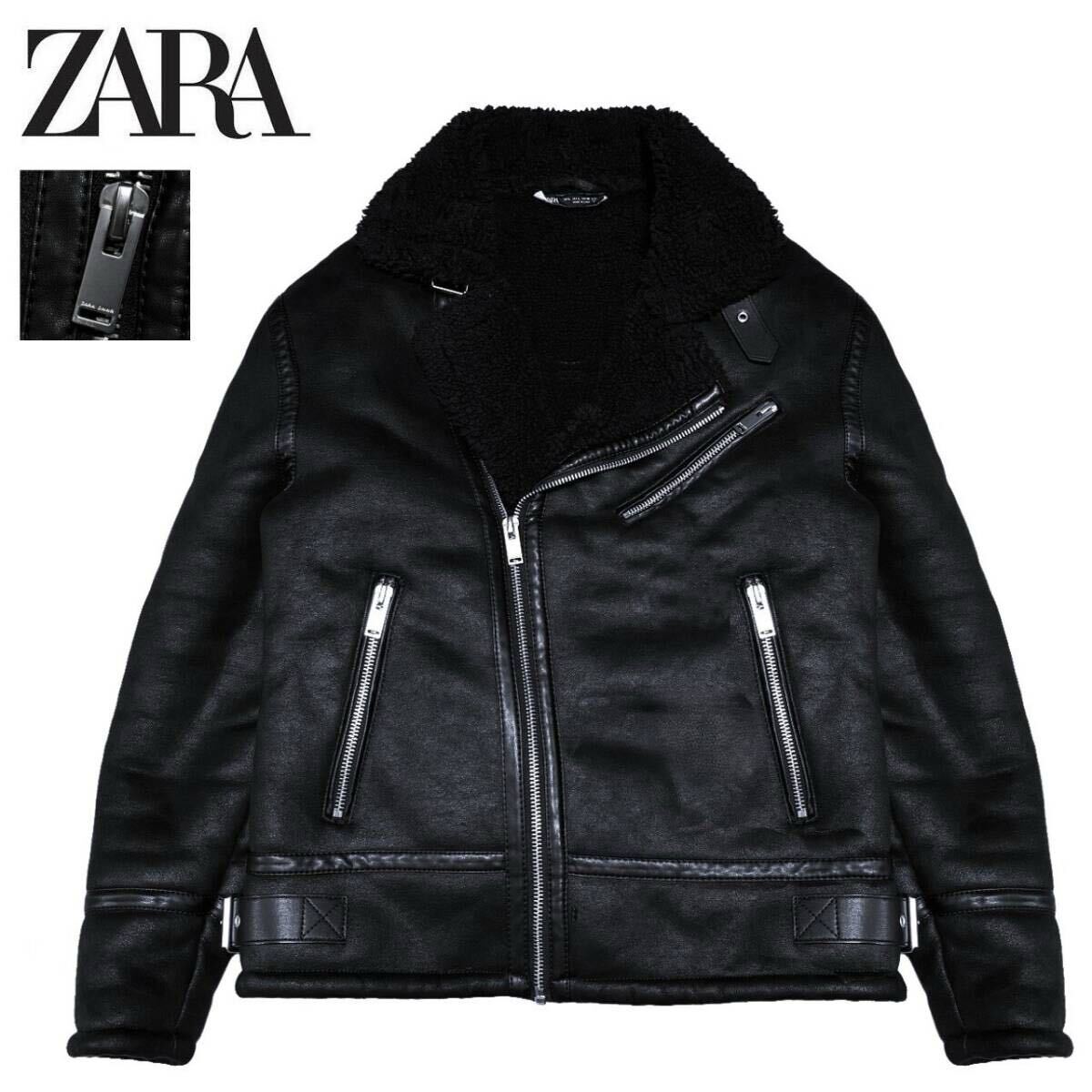 極美品 極暖! ZARA ザラ メンズ エコムートン TYPE B-3 カスタム ライダース フライトジャケット XL 黒 ボマー ブルゾン フェイクムートン拍卖