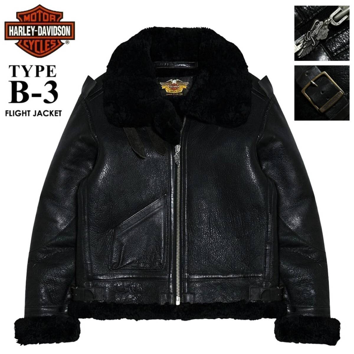 超希少! 90s 定20万 HDC純正 美品 ハーレーダビッドソン 大戦モデル WW2 B-3 リアルムートン フライトジャケット L~XL相当 黒 羊革 ボマー拍卖