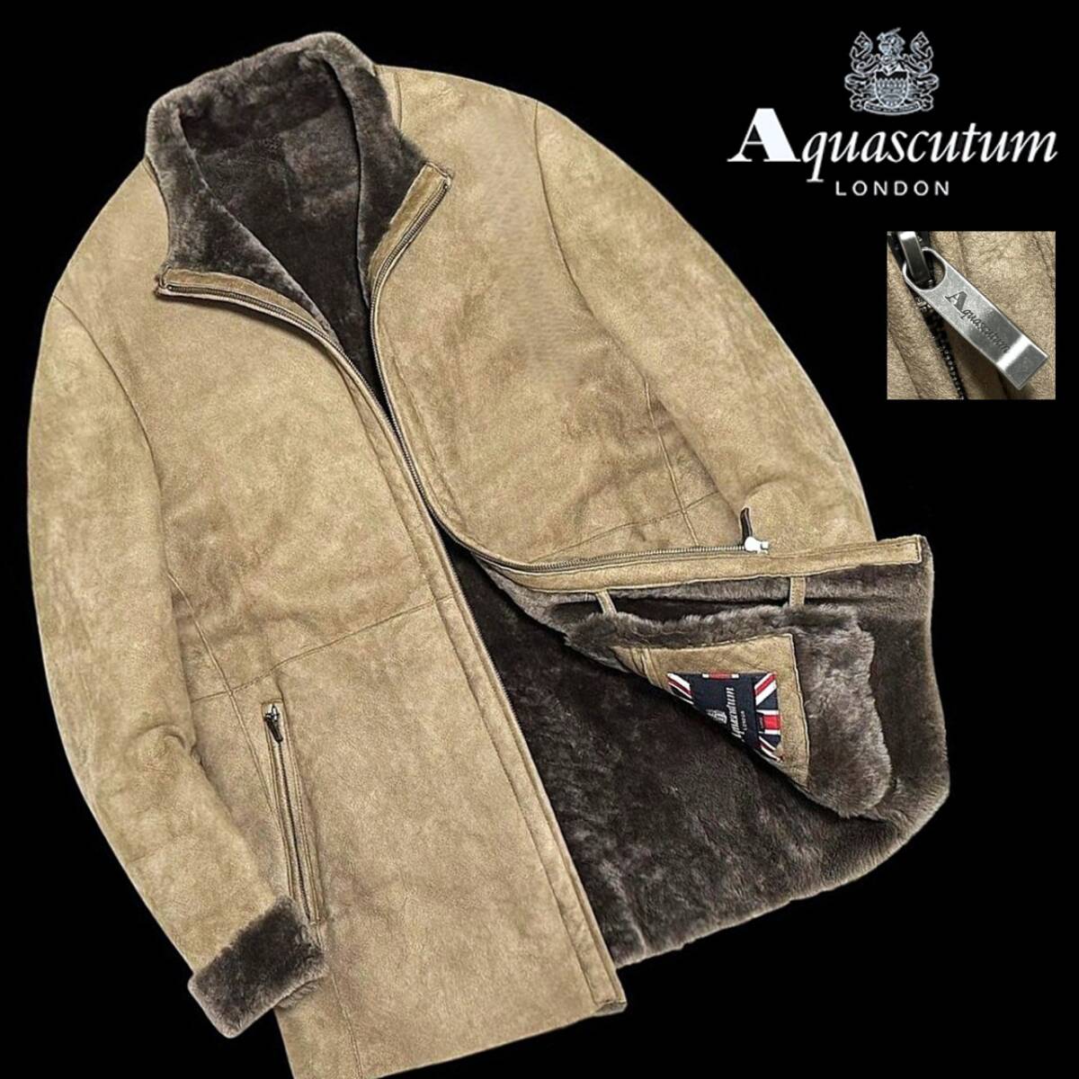 贅の極! 希少 定価32.4万 極美品 Aquascutum アクアスキュータム 極上羊革 リアルムートン 総裏 ミドル丈 ZIP ムートンコート L ジャケット拍卖