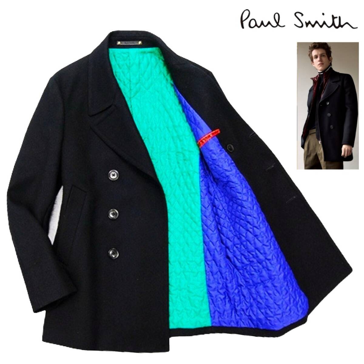 極美品 定価7.7万 Paul Smith ポールスミス メインライン A COAT TO TRAVEL IN 裏地ビビッドカラー切替 中綿 メルトン Pコート L 黒 コート拍卖