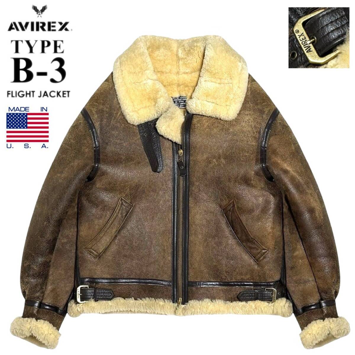 希少 ビッグサイズ 23.7万 USA製 極暖! AVIREX アヴィレックス TYPE B-3 リアルムートン フライトジャケット 40/L~XL 羊革 ボマー ブルゾン拍卖
