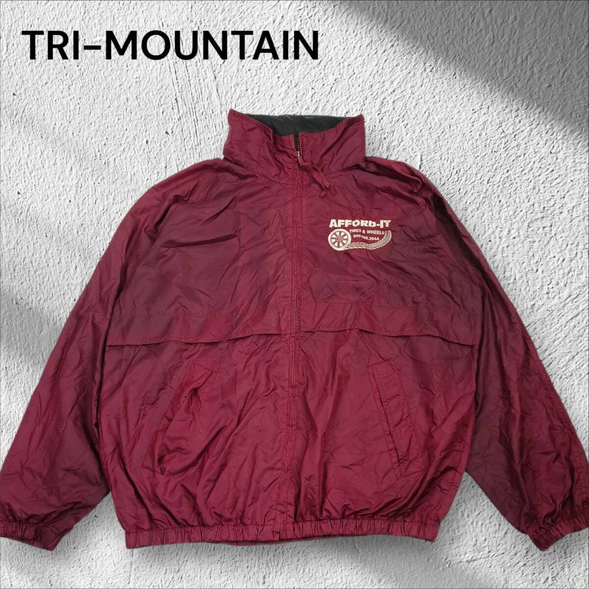 L TRI-MOUNTAIN ナイロンジャケット ダークレッド フルジップ 企業ロゴ フード収納 長袖 ou0908拍卖