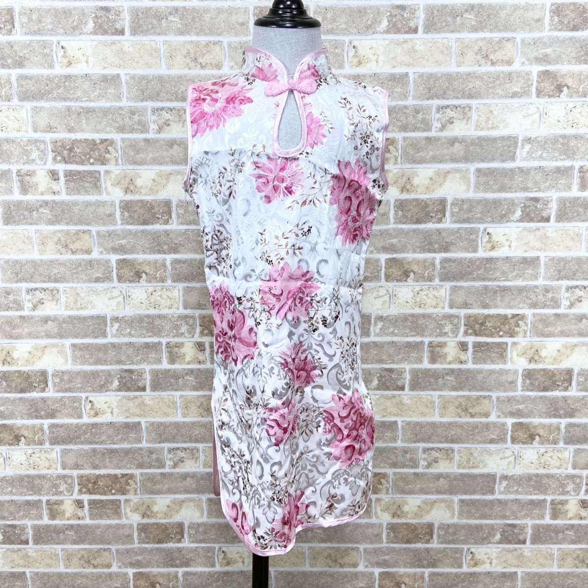 子供チャイナドレス【ネコポス可】袖無しワンピース 6 白ピンク柄 カラードレス 発表会 イベント 中古10620拍卖