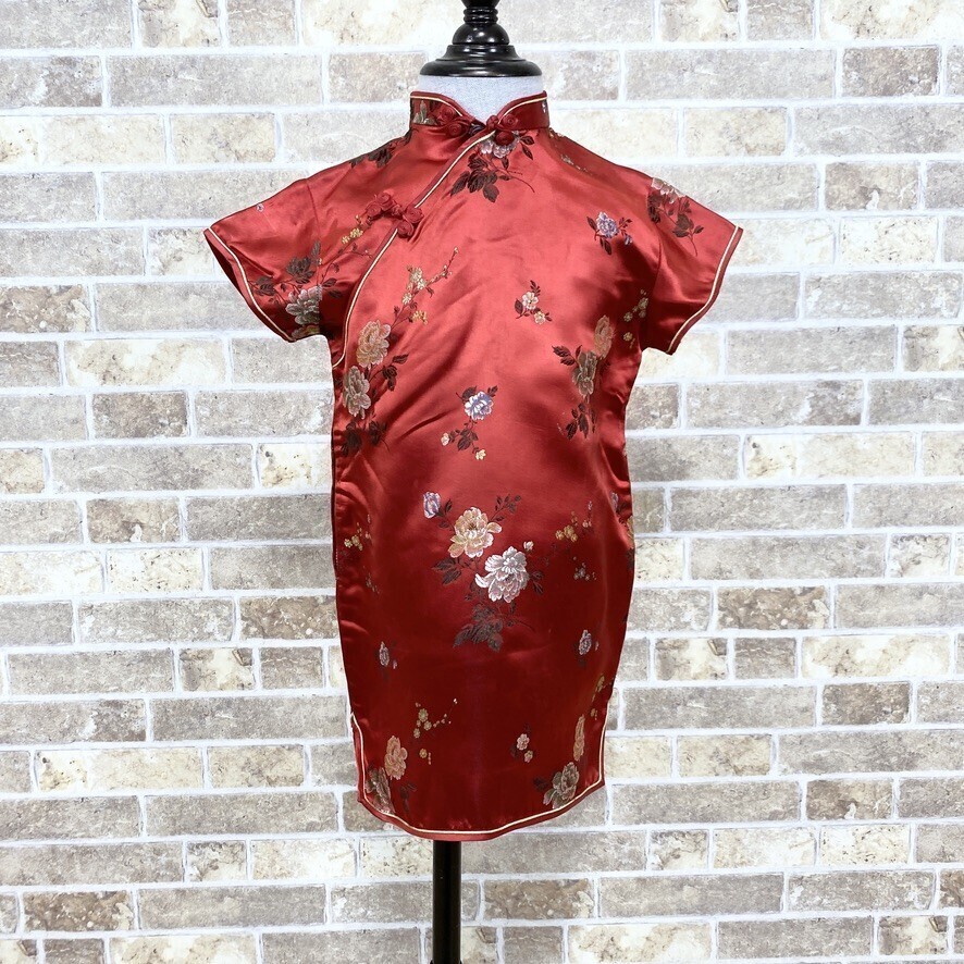 子供チャイナドレス【ネコポス可】 香港製 ワンピース 18 赤系柄 カラードレス 発表会 イベント 中古09202拍卖