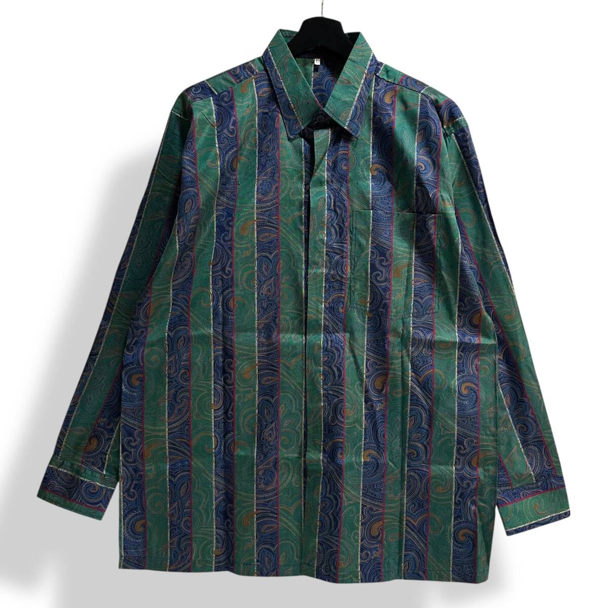 希少 美品【THAI SILK】高級 タイシルク100% 総柄 伝統衣装 ストライプ BATIK SILK 長袖シャツ グリーン/ネイビー タイ製拍卖