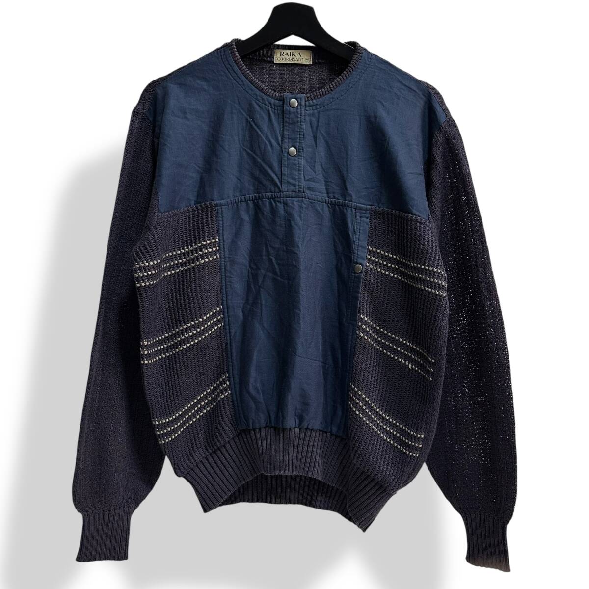 秀逸 レア【RAIKA】VINTAGE 80s 90s ニット切替 ビンテージ長袖ニットカットソー ヘンリーネックカットソー 昭和レトロ オールド 古着拍卖