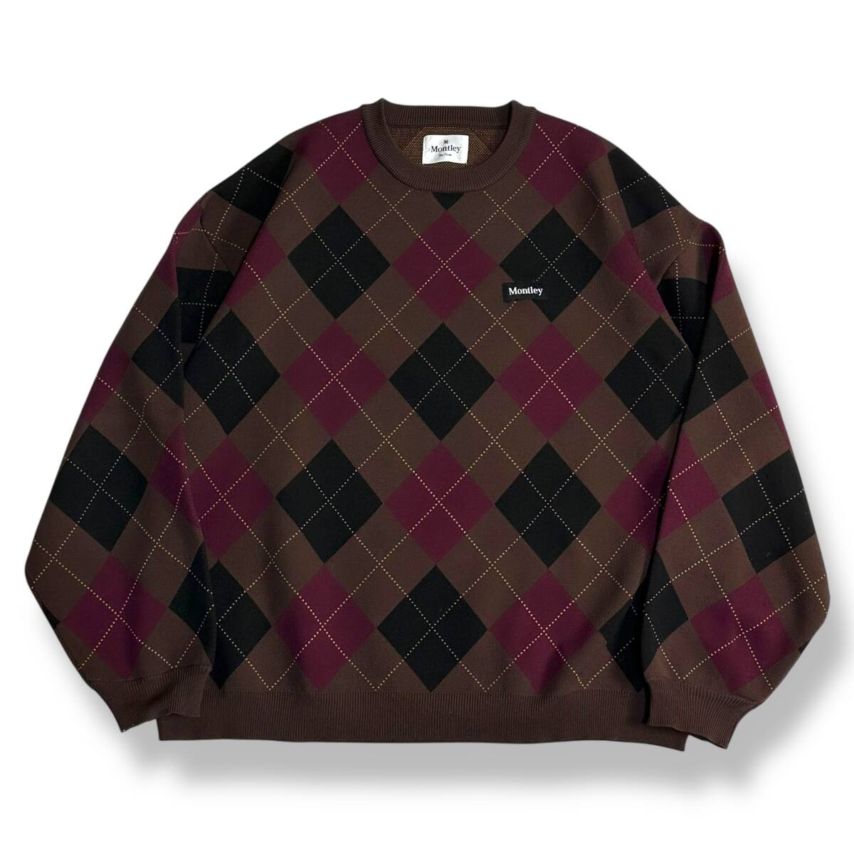 お洒落【Montley】モーレー アーガイル ワイドシルエット クルーネックニット 西海岸 ブラウン ストリート拍卖