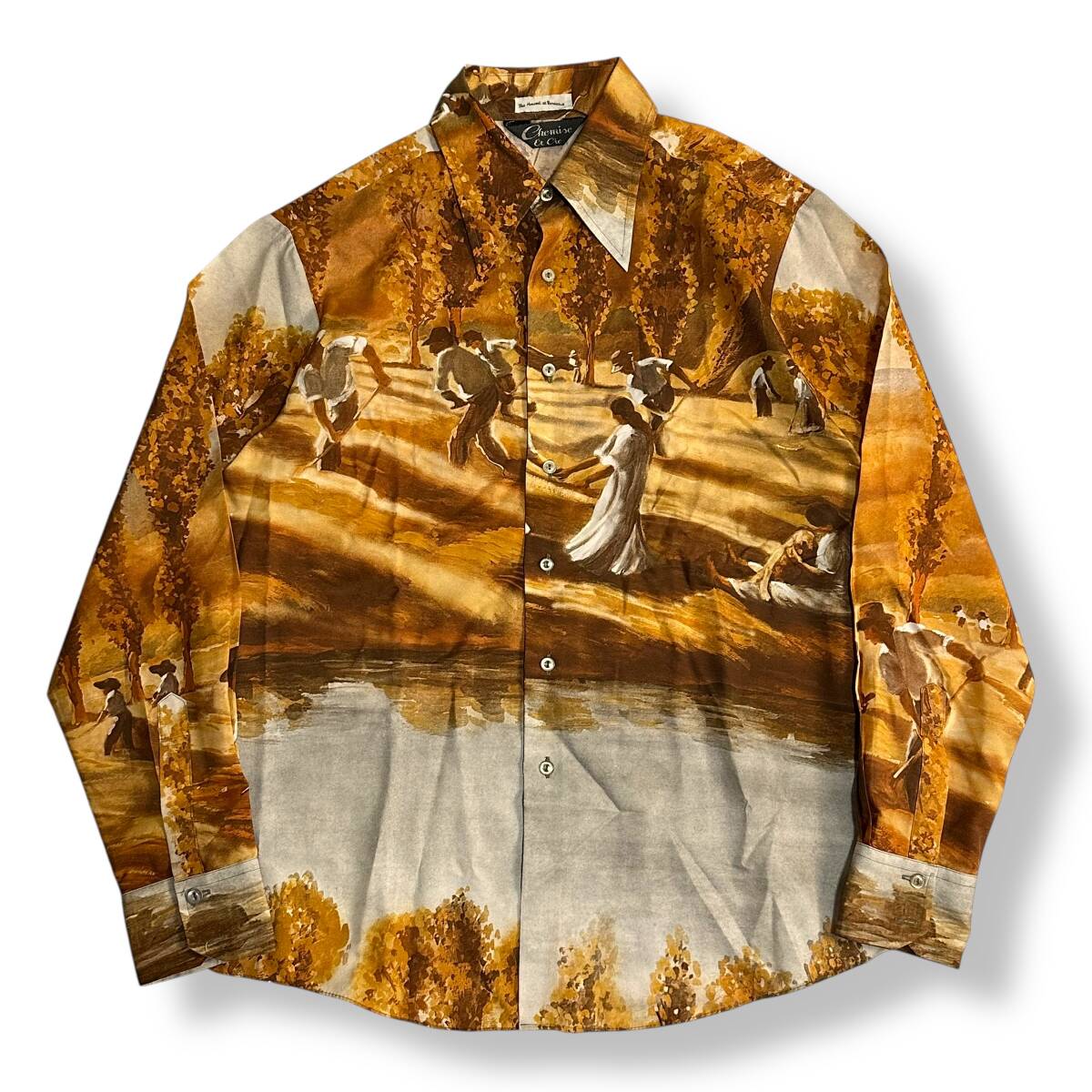 希少 レア物【chemise et cie】70s VINTAGE USA古着 総柄 アート 収穫風景画プリント ビンテージポリシャツ ディスコシャツ 拍卖