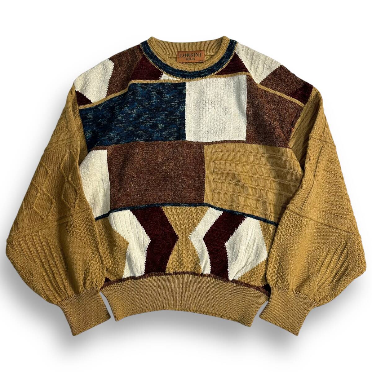 貴重 秀逸【CORSINI】VINTAGE 80s 90s 立体 3Dデザイン モール糸 ビンテージ レトロクルーネックニット 個性派 日本製拍卖