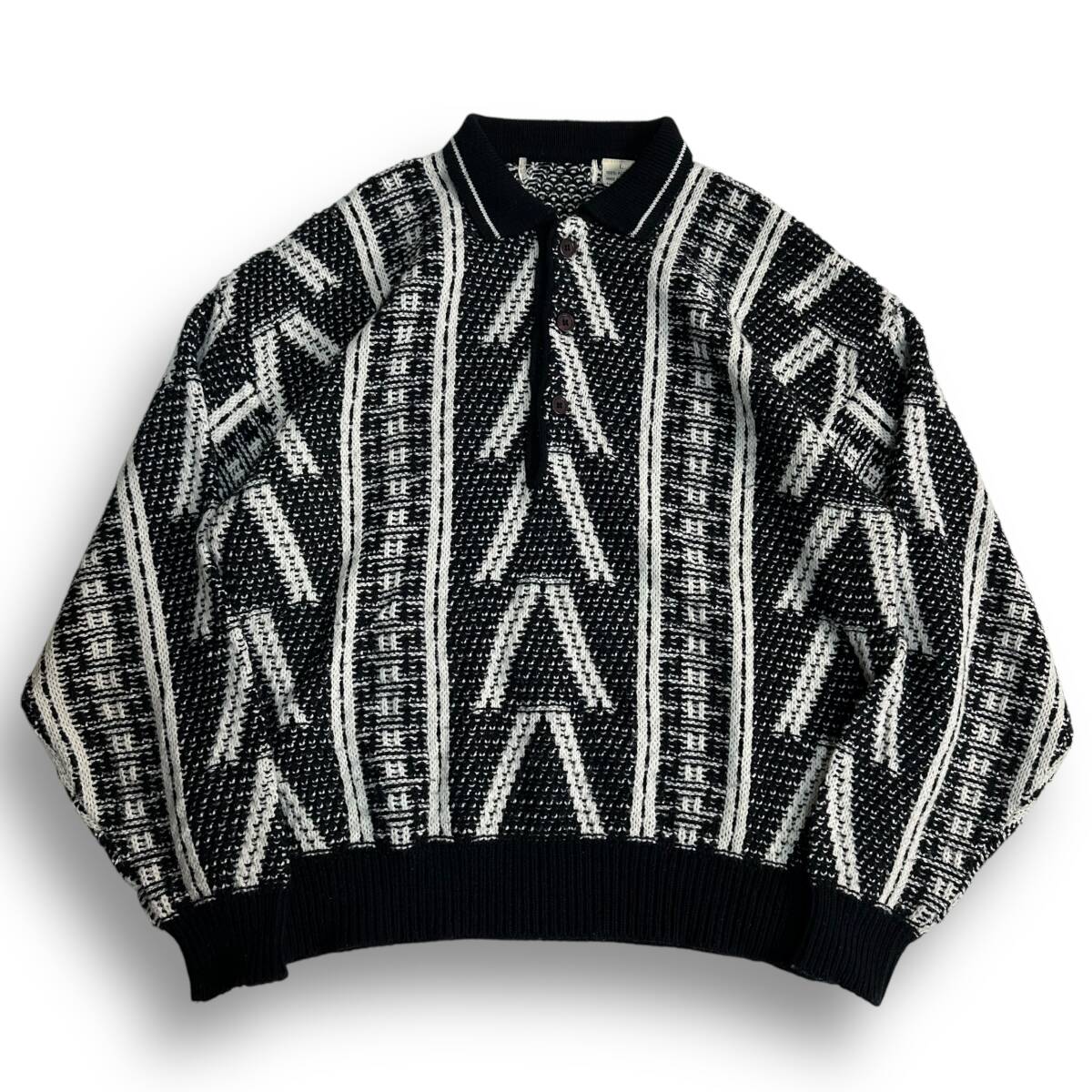 レア【VINTAGE】80s 90s 総柄 ビンテージ レトロニットポロ 海外古着 コスタリカ製 モノトーン アクリル100%拍卖