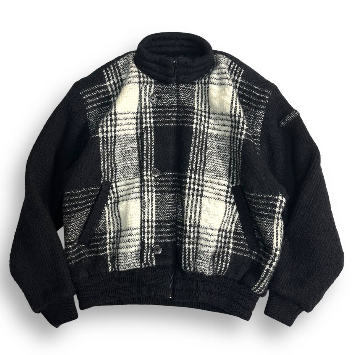 レア 貴重【BLACK PIA】VINTAGE 90s ビンテージ レトロ ショートニットブルゾンジャケット ライダース調デザイン ライカ モノトーン拍卖