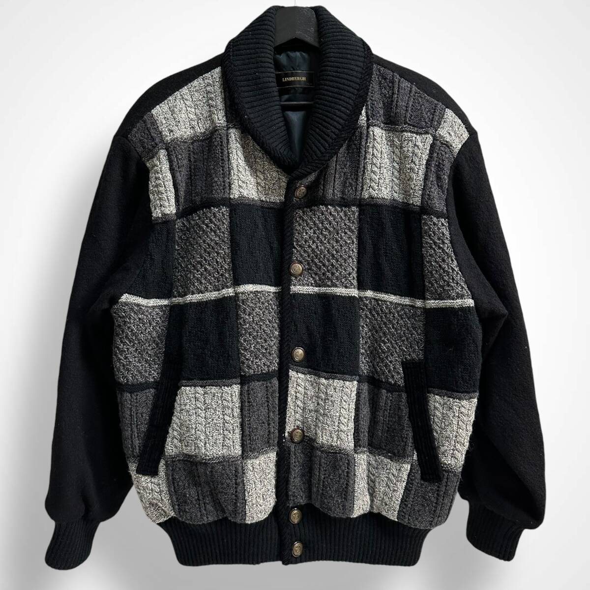 秀逸【LINDBERGH】リンドバーグ VINTAGE 90s パネルデザイン ビンテージ中綿ニットジャケット ケーブニット オールド 古着拍卖