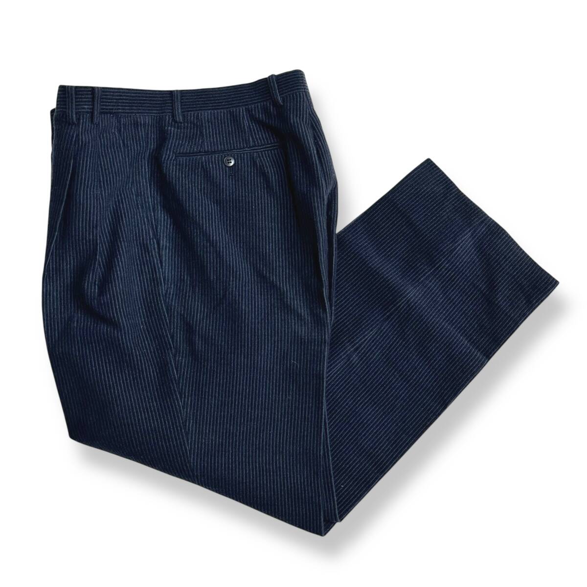 貴重【LANVIN PARIS】90s VINTAGE オールドランバン 畝 ストライプ スラックスパンツ トラウザース ネイビー モード 古着拍卖