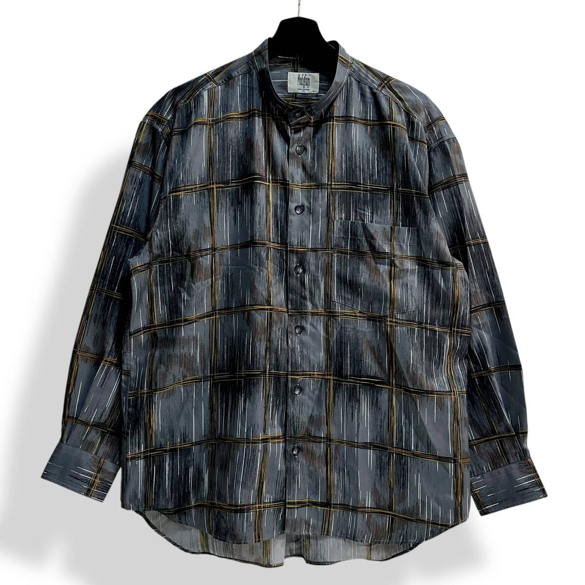 希少 良好【Modigliani】VINTAGE 90s 総柄 レトロビンテージバンドカラーシャツ 古着 オールド 長袖ポリシャツ モディリアーニ拍卖