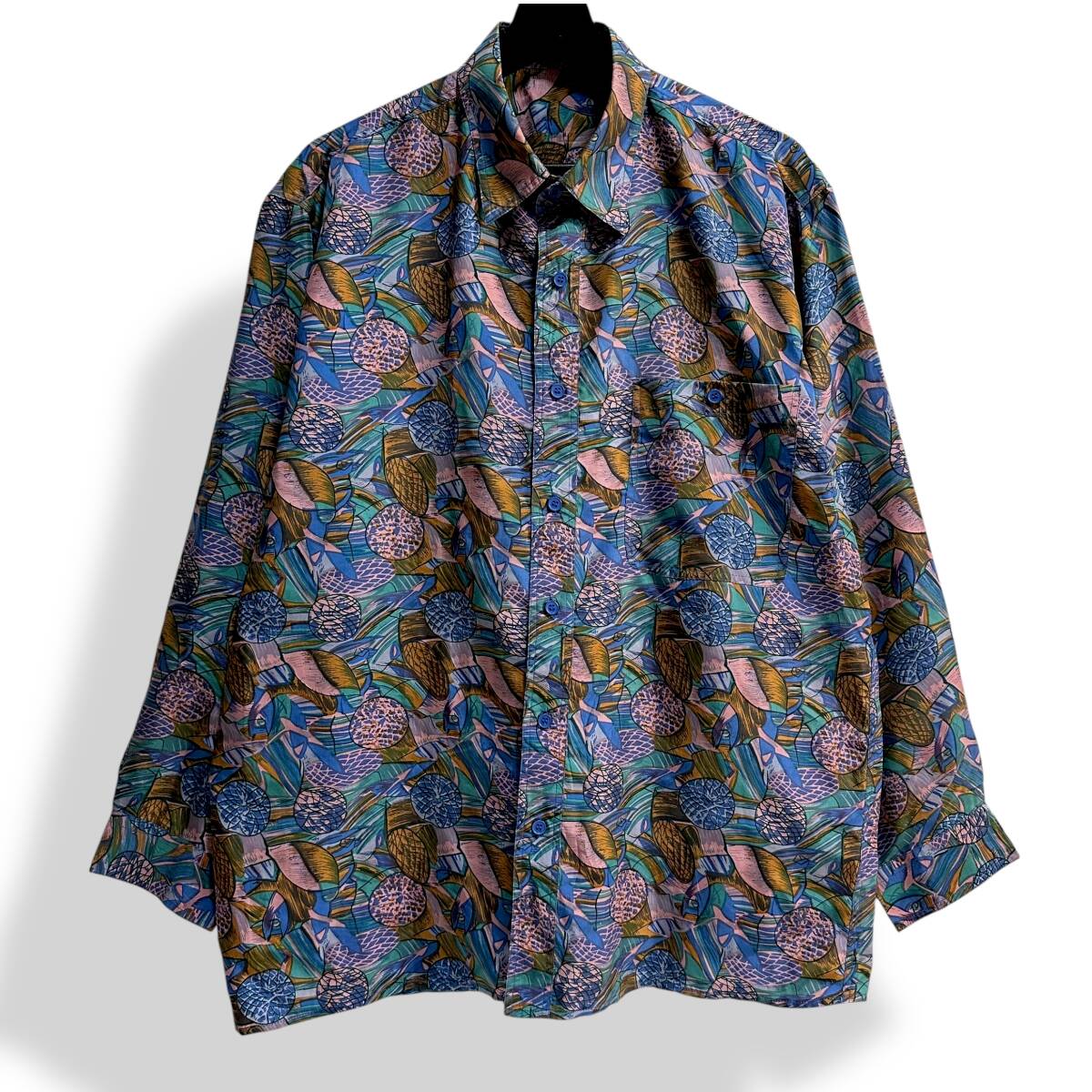 希少 美品【LAVORD】80s 90s VINTAGE アートデザイン 総柄 シルク100% ビンテージシャツ レトロ 古着 拍卖