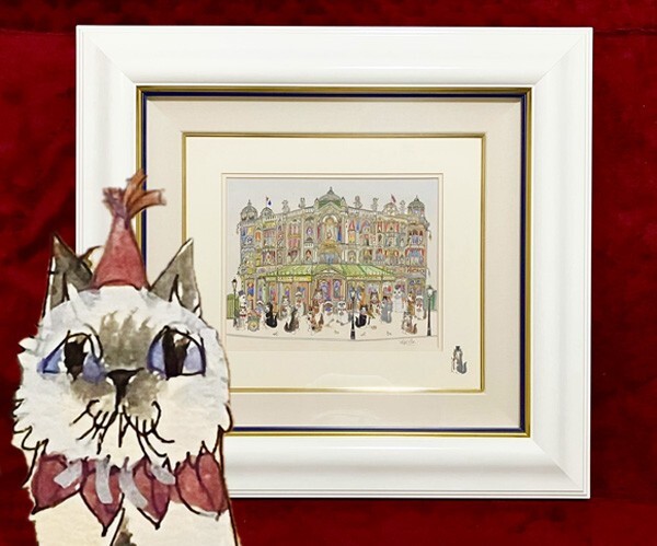 ダイアン・エルソン●真作●Dian・Elson イギリス●水彩画 貴重肉筆原画 直筆サインあり■タイトル『シアター』■猫を擬人化した可愛い作品拍卖