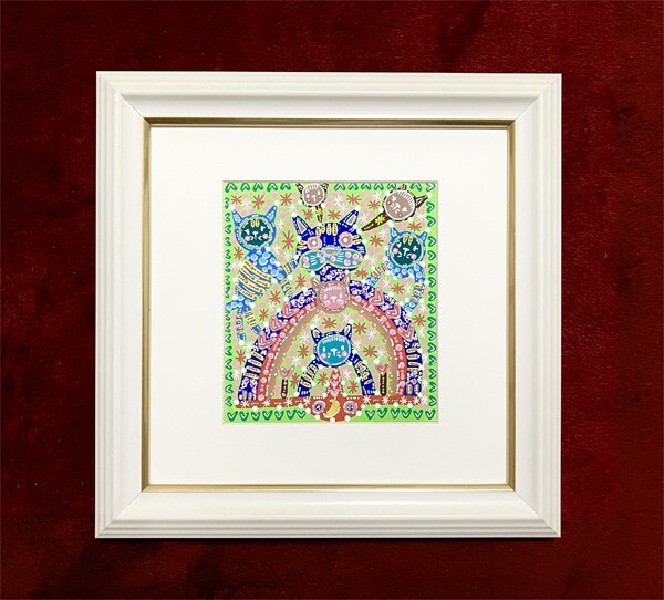 原画●横山泰三(たいぞう)●真作●よこやま たいぞう●アクリル画 肉筆画 直筆サインあり■吉本興業所属芸人■猫 カラフル 立て掛け額装拍卖