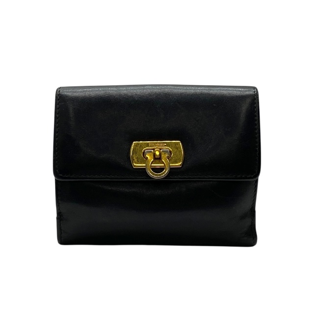 フェラガモ 財布 二つ折り財布 小銭入れ 札入れ ウォレット ガンチーニ コンパクト レザー ブラック ゴールド Salvatore Ferragamo拍卖