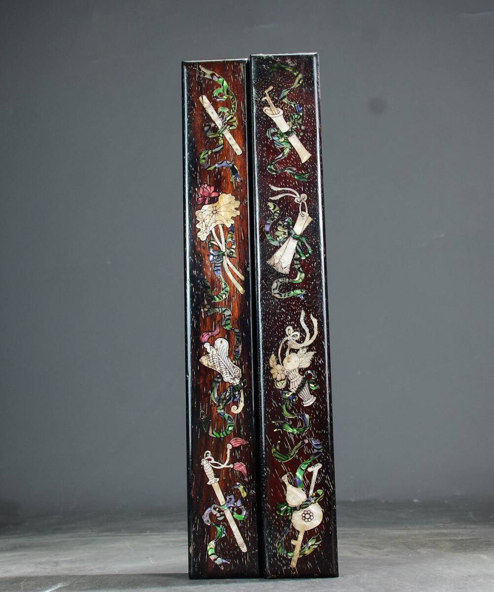 清時代 古檀木彫 吉祥八宝 鎮尺 鎮紙 一対 古玩家具 極細工 古賞物 古美味 東洋彫刻 時代物 骨董 中国古美術拍卖