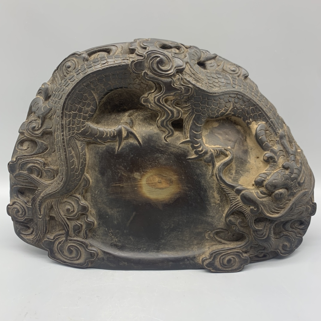 珍藏品 端硯 古硯台 龍紋 宝硯 詩文 硯台 文房具 文房用品 文房四宝之一 置物 時代物 古董品 骨董 旧家蔵出 唐物 中国古玩 華夏品 古美術品拍卖