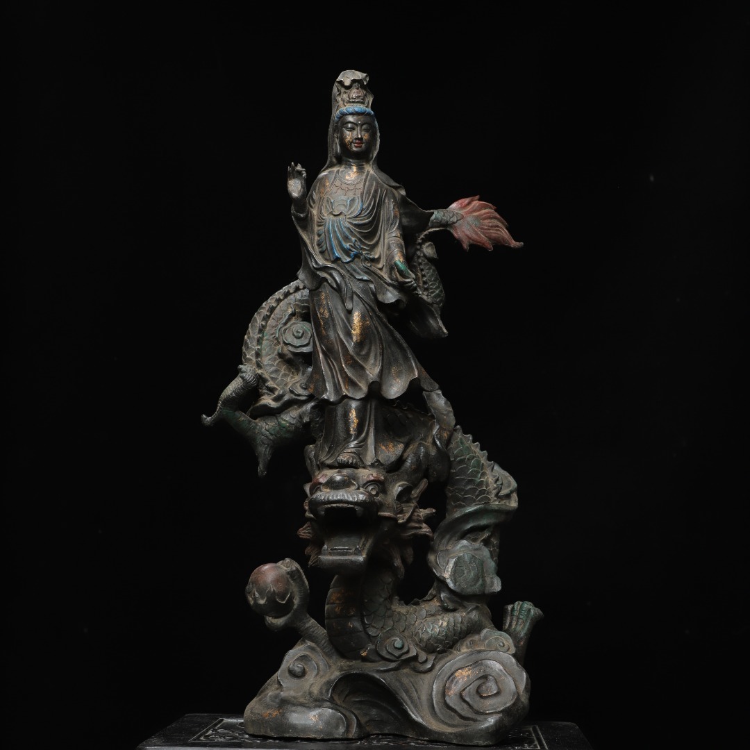 精品収蔵 古銅拓金 降龍觀音 仏像 造像 佛 仏教 宗教密教 招財 鎮宅 家蔵珍品 時代物 古董品 骨董 旧家蔵出し 唐物 中国古玩 古美術品拍卖