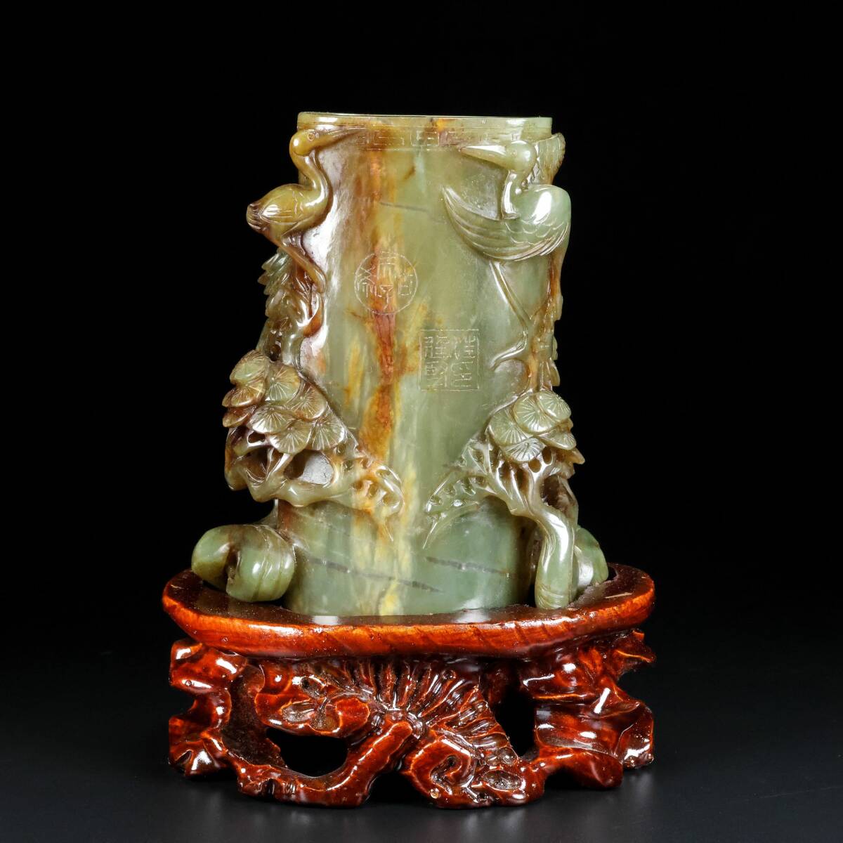 漢時代 古和田玉 高古玉彫 老玉 玉彫 双色 松鶴延年 筆筒 擺件 文案置物擺件 極細工 時代物 唐物 旧家藏出 古賞物 中国古玩 古美術品拍卖