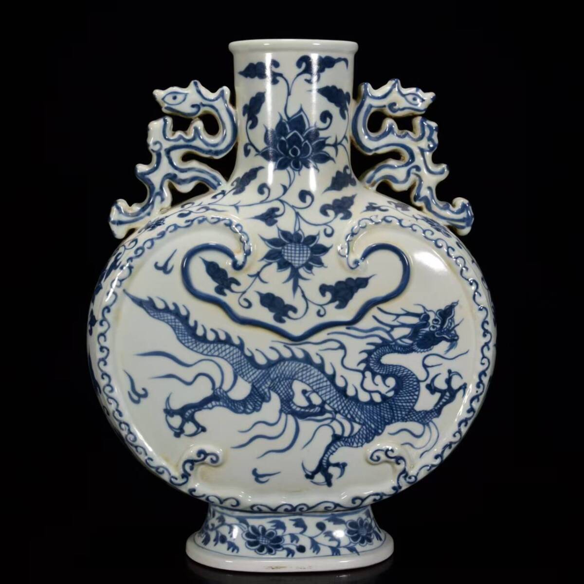 元時代 古陶磁器 青花 龍紋 扁瓶 花瓶 文案置物 磁器 陶芸 擺件 時代物 古董品 骨董 旧家蔵出し 唐物 中国古玩 古美術品拍卖