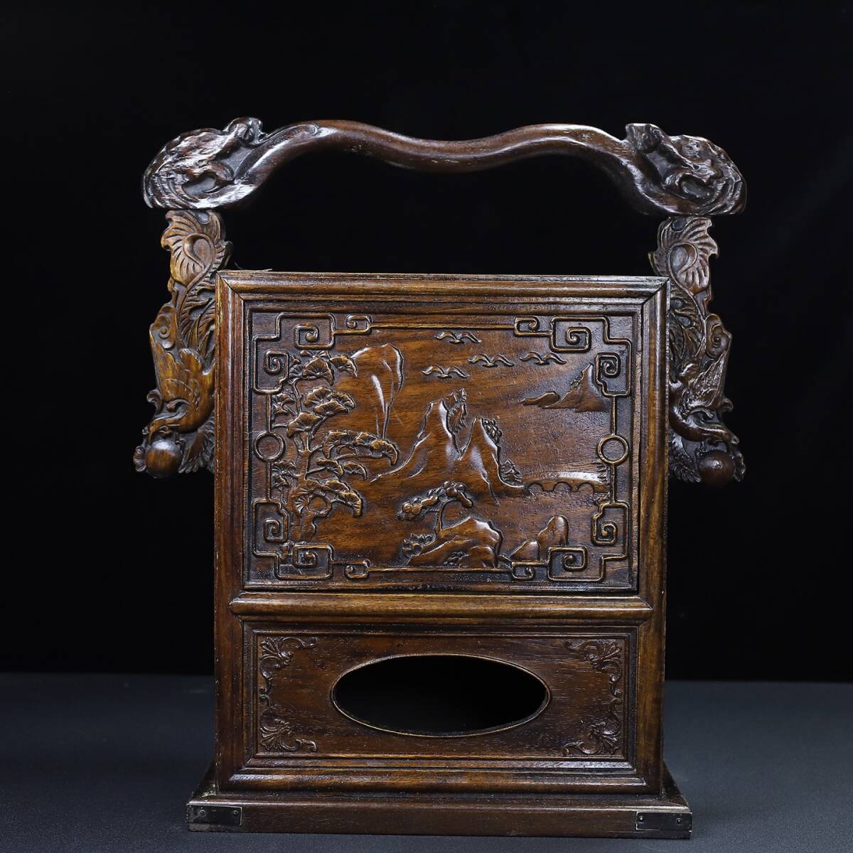 早期收集 古花梨木彫 抽拉盖 弯梁提箱 儲物盒 收納盒 古玩家具 時代物 骨董品 旧家蔵出し 唐物 中国古玩 古美術品拍卖