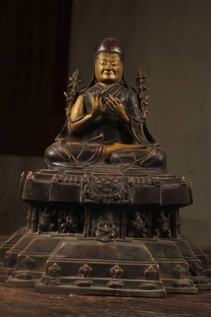 明代風 古銅塗金 紫銅彫 上師像 佛像 仏像 宗教密教 居家供奉置物擺件 仏教古美術 極細工 骨董 旧家蔵出し 唐物 中国古玩 華夏品 古美術品拍卖