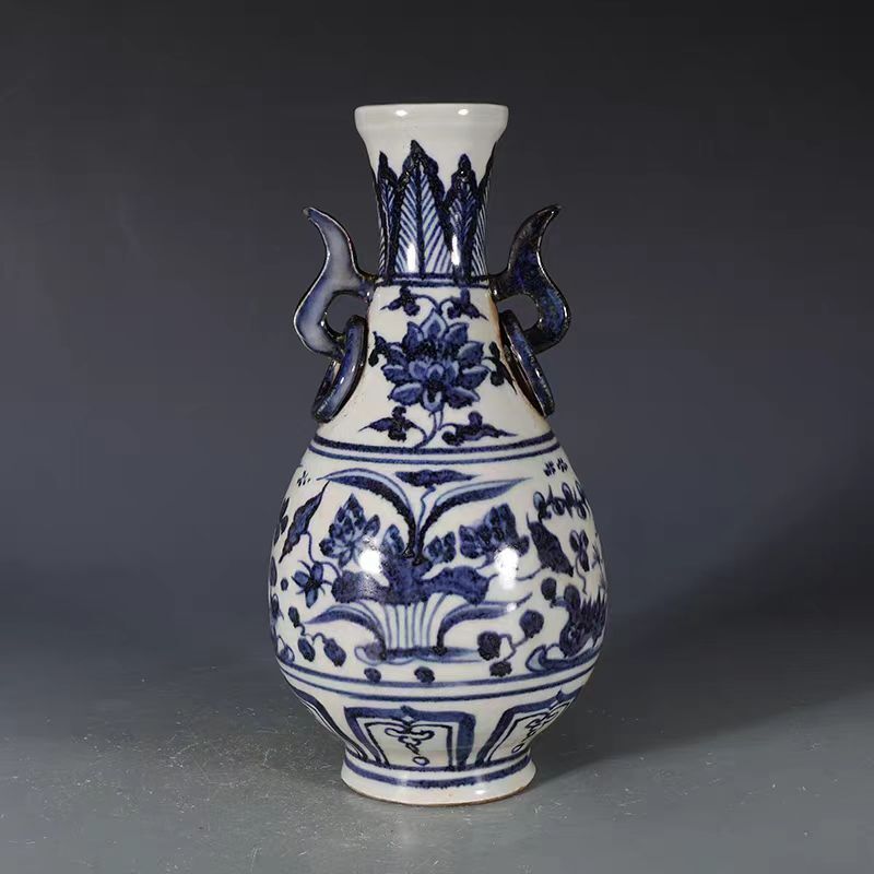 元時代 古陶磁器 青花 魚藻紋 双耳瓶 花瓶 賞瓶 文案置物 磁器 陶芸 擺件 時代物 古董品 骨董 旧家蔵出し 唐物 中国古玩 古美術品拍卖