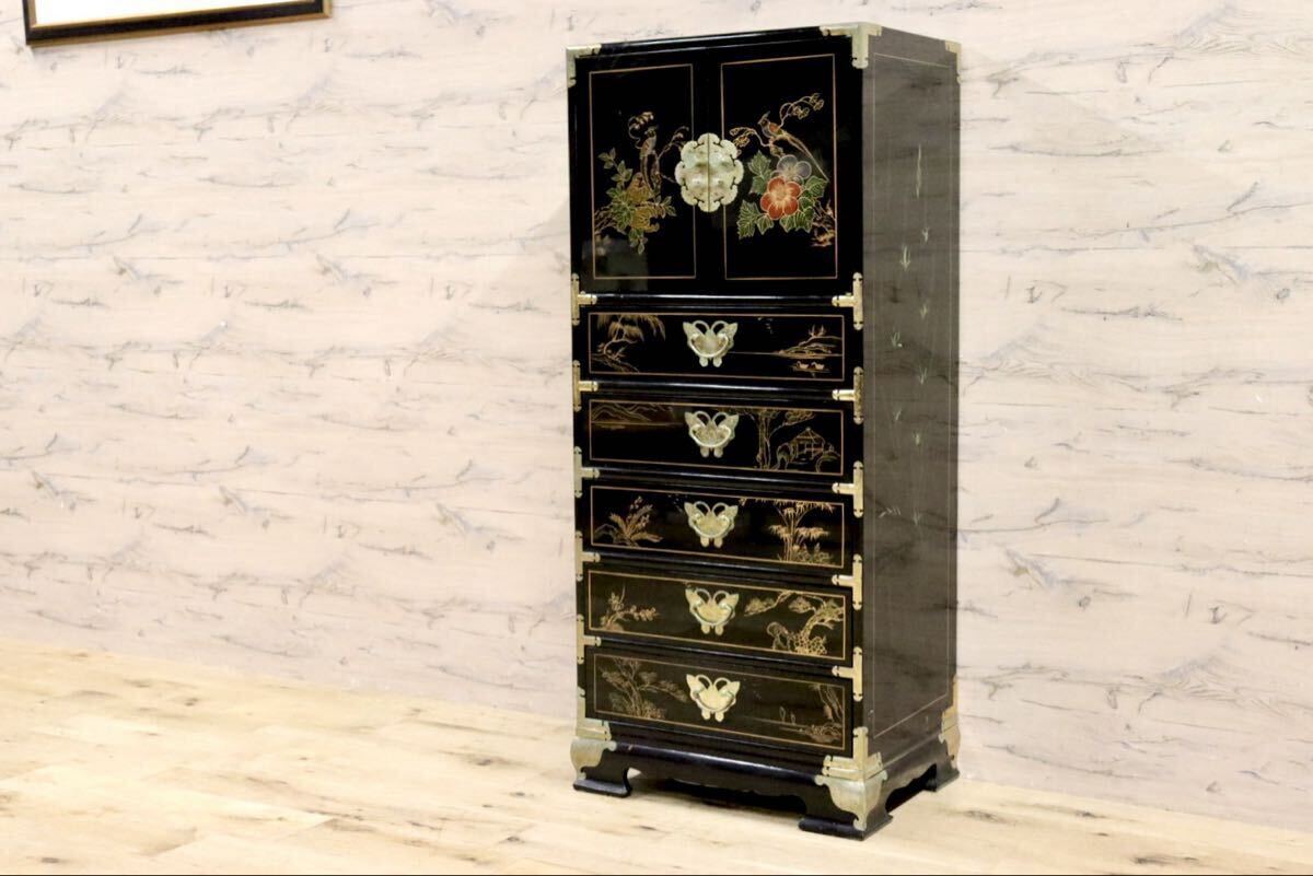 GMIH192○中国家具 李朝家具 チェスト 花鳥図 小箪笥 アジアン シノワズリ アンティーク 黒漆 飾り棚拍卖